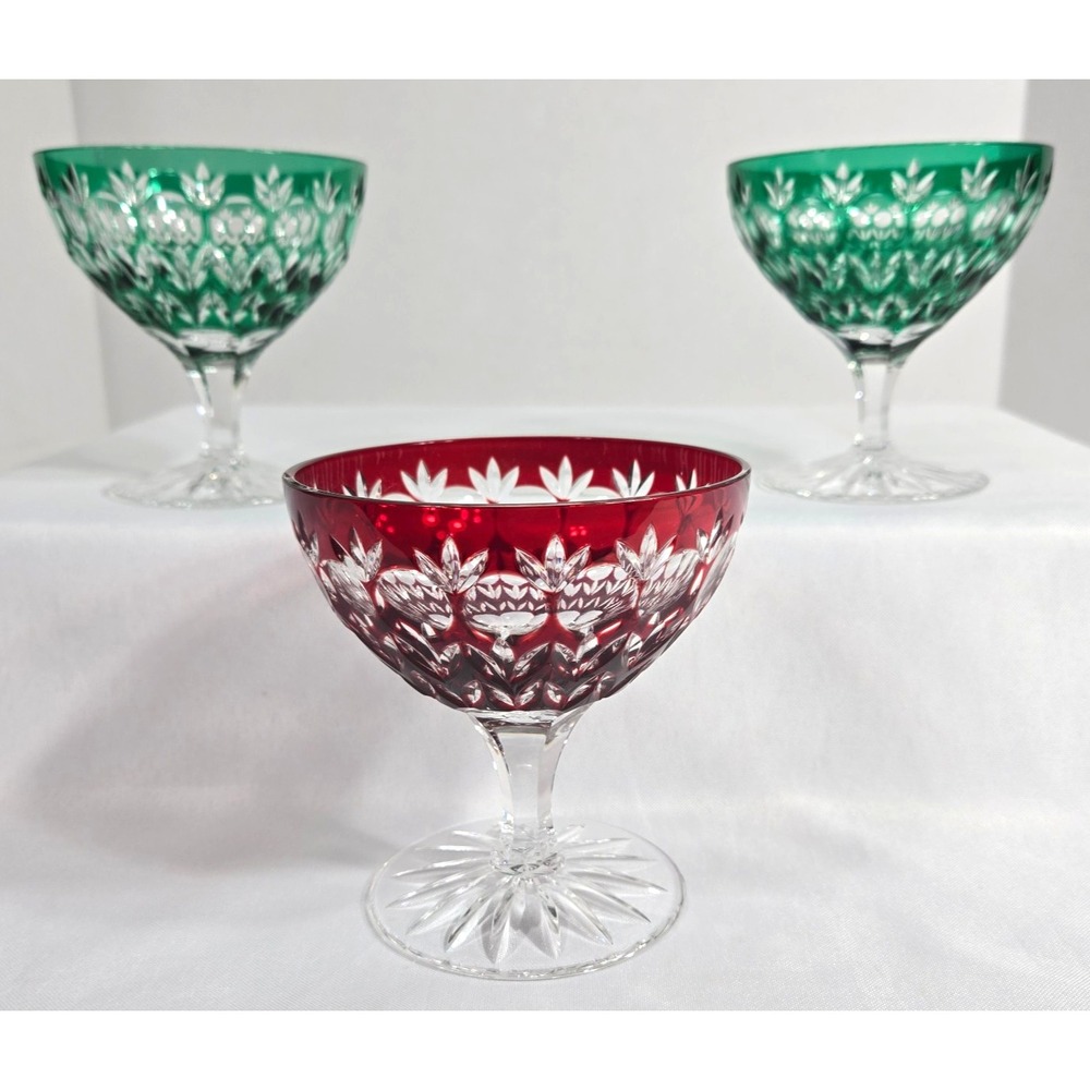 Ajka Crystal Cut to Clear Florderis Champane Sherbet Glasses Set 3 Red Green VTG
